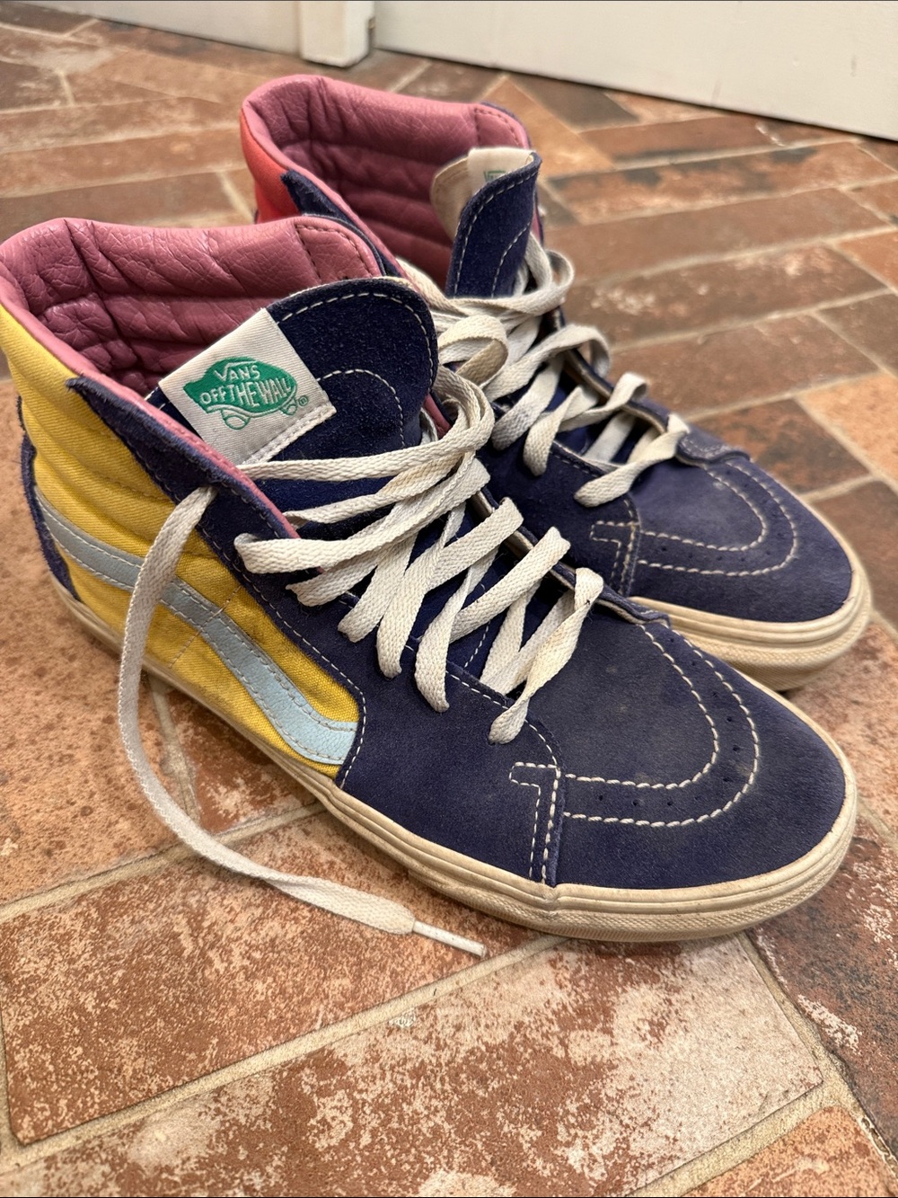 Vans Sk8-Hi High-Top Sneakers in Navy, Yellow & Pink